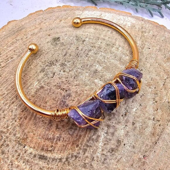 Nature Amethyst Polished Stone Wire Wrapped Cuff Bangle - Picture 9 of 10